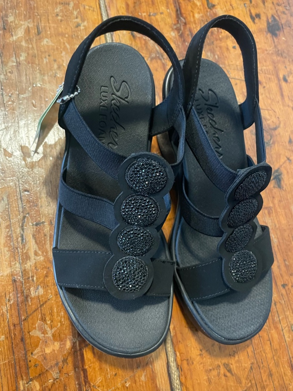 Skechers Women’s Black Elastic Strap Sandals with Sparkle Disc Accents